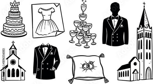 Black and white line art collection of wedding symbols including cake dress tuxedo rings church champagne glasses tower