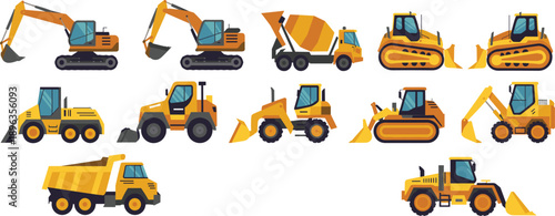 Isometric construction machinery set including excavator bulldozer loader dump truck and mixer vehicles isolated flat vector illustration for building industry