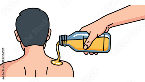 Hand pouring oil from a bottle onto a persons shoulder