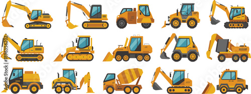 Isometric heavy construction machinery set featuring excavators loaders bulldozers dump trucks and concrete mixers isolated flat vector illustration