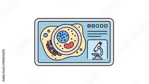 Illustration of a cell and microscope in a research display