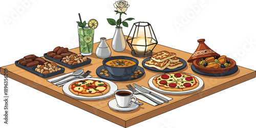 Breakfast Dishes and Beverages on Table.