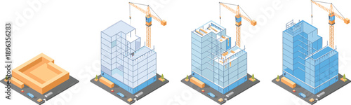 Isometric high rise building construction stages illustration with tower crane showing modern urban development process flat vector architecture engineering realestate