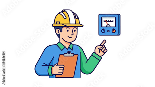Man in hard hat holding clipboard pointing at a meter