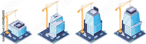 Isometric skyscraper construction stages with tower crane illustration showing modern building development process flat vector urban architecture engineering real estate