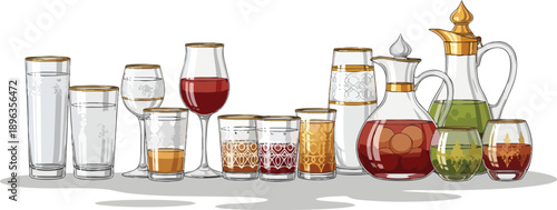 Assorted Glassware and Decanters with Liquids.