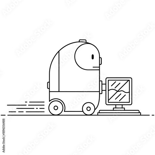 Robot interacts with computer screen on wheels moving fast with motion lines in a futuristic tech environment with a minimalist design
