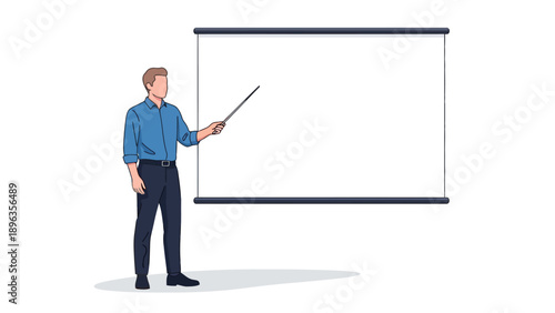 Man with pointer standing at a blank projector screen
