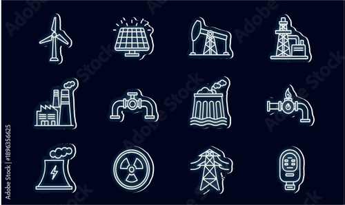 Print Neon Style Line Icon Set for Energy and Heavy Industry Featuring Renewable Power Sources Oil Extraction and Nuclear Infrastructure Symbols