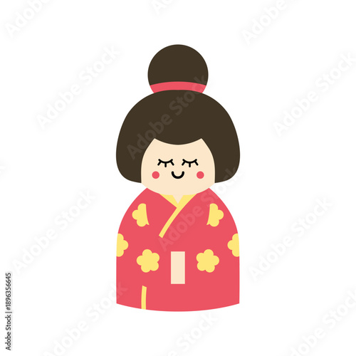 Cute Japanese Kokeshi Doll Illustration in Red Kimono