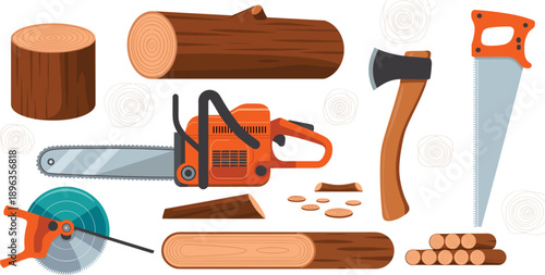 Wood cutting tools and timber illustration set featuring chainsaw axe hand saw logs stumps forestry carpentry flat vector design