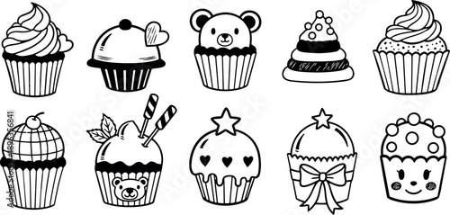 Black and white line art cupcake icons set with various toppings and cute animal faces playful design collection