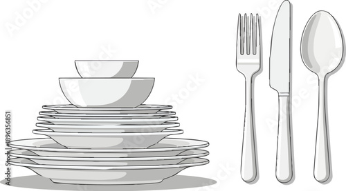 White Ceramic Dinnerware and Cutlery Set.