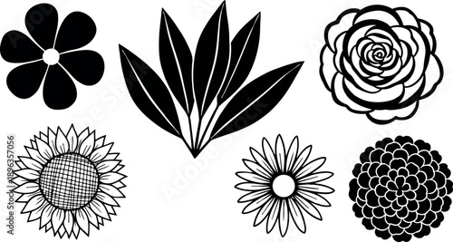 Black and white floral vector collection with six different flower types and detailed leaf designs on white background