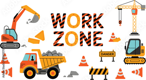 Work zone construction illustration with heavy machinery warning barriers cones dump truck crane and excavator for road safety isolated flat vector design