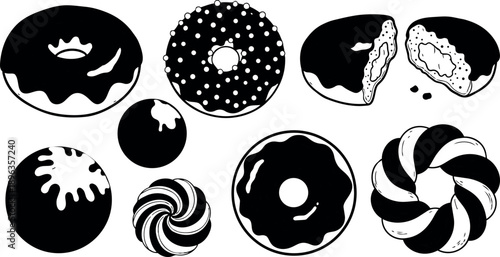 Black and white hand drawn donuts and sweet pastry illustrations with icing and sprinkles in vector art style