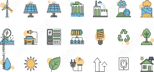 Print Flat Color Line Icon Set for Green Energy and Ecology Featuring Renewable Solar Wind Hydroelectric Power and Eco-Friendly Infrastructure Symbols