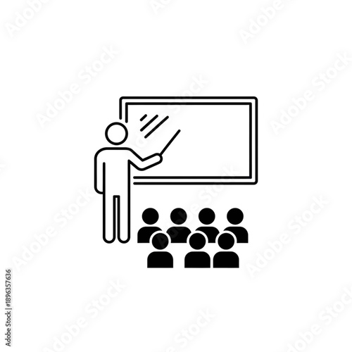 teacher or mentor pointing at whiteboard in front of students classroom training and presentation concept line icon vector illustration isolated on transparent background