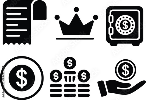 Financial and royalty icons including money safe and crown