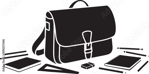 Black school bag with notebooks and pencils on white background