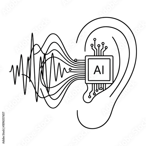 Artificial intelligence ai chip implanted in human ear with neural network connections and sound waves