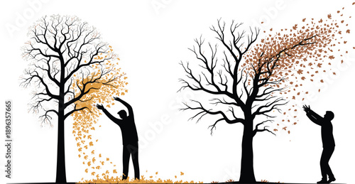 Set of autumn tree silhouettes with falling leaves and people, plus vintage hand drawn waterfall nature landscapes and minimalist champagne glasses,