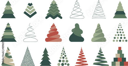 Set of abstract Christmas tree shapes in modern geometric and hand drawn styles winter holiday vector illustrations isolated