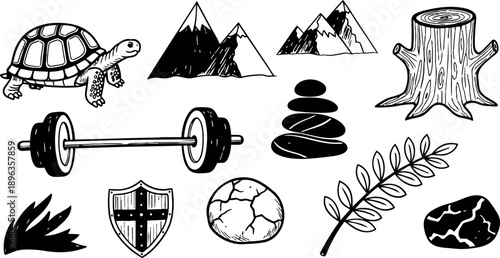 Black and white hand drawn collection of nature and sports elements including turtle mountains barbell tree stump shield and leaves