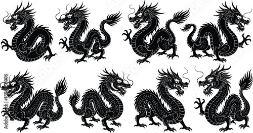 Chinese dragon silhouettes collection with powerful mythological poses isolated on white background for fantasy, folklore, tattoo, and traditional Asian design concepts