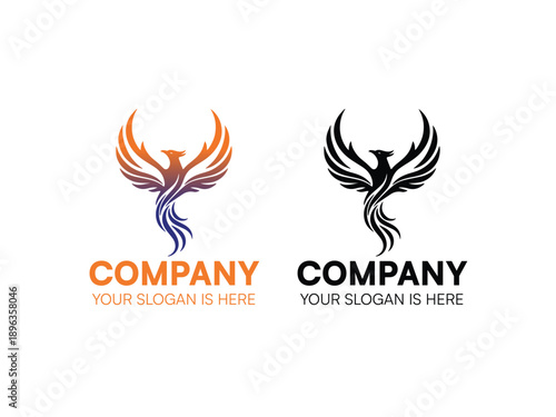 Phoenix bird logo design with company name and slogan placeholder in two color variations