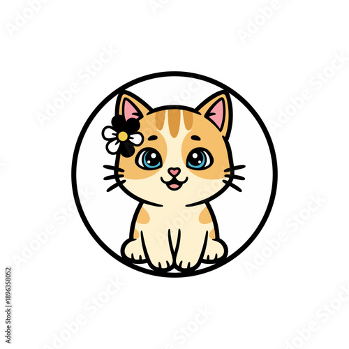 Cartoon cat illustration with flower decoration in front of black background