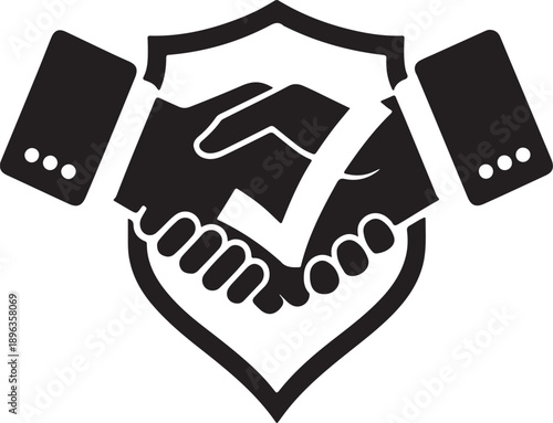 Black and white graphic of a handshake within a shield shape