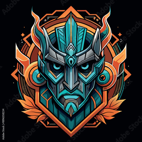 Futuristic Cyber Warrior Mascot with Neo-Tribal Geometric Ornament