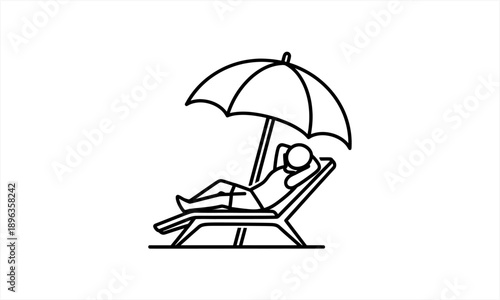 Person relaxing on a beach chair under an umbrella, line art illustration.