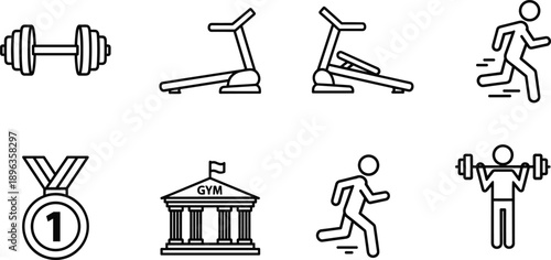 Fitness and gym line icons set with workout equipment, running athletes, treadmill machines, weightlifting symbols, and sports medal illustration isolated on white background