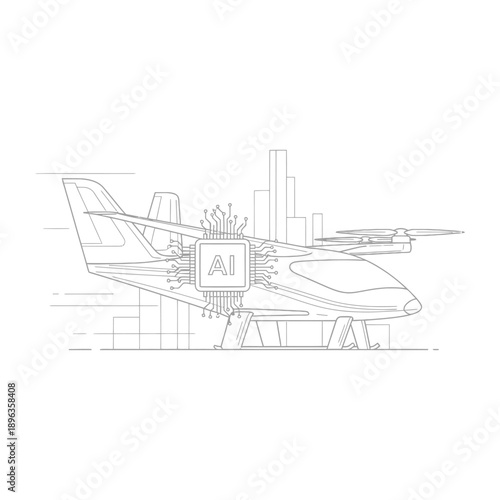 Ai powered airplane with cityscape background and futuristic technology integration