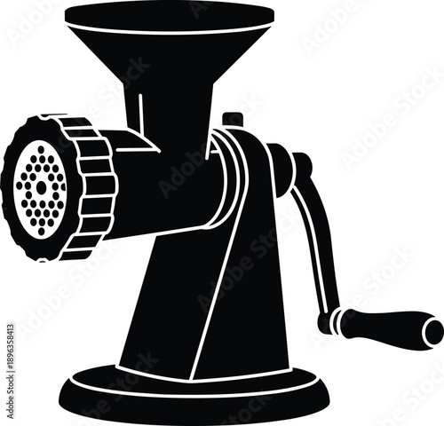 Vector, black, silhouette, icon, of, a, classic, manual, meat, grinder, with, a, hand, crank, for, kitchen, food, preparation, butchery, and, traditional, cooking, tools