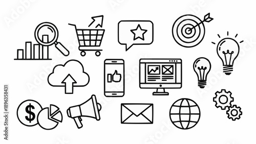 Digital Marketing Icons Set For Business Growth And Strategy.