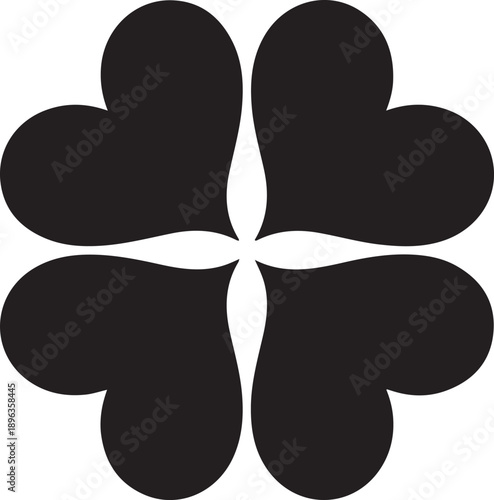 Abstract four heart shapes forming a clover, black silhouettes on a transparent background, good luck symbol vector illustration