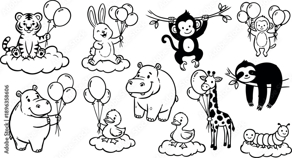 Obraz premium Black and white line art happy animals holding balloons sitting on clouds and hanging on branches cartoon style