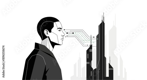 Mans profile with futuristic circuit board connecting to a building.