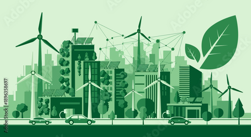 Green city with wind turbines and sustainable buildings.