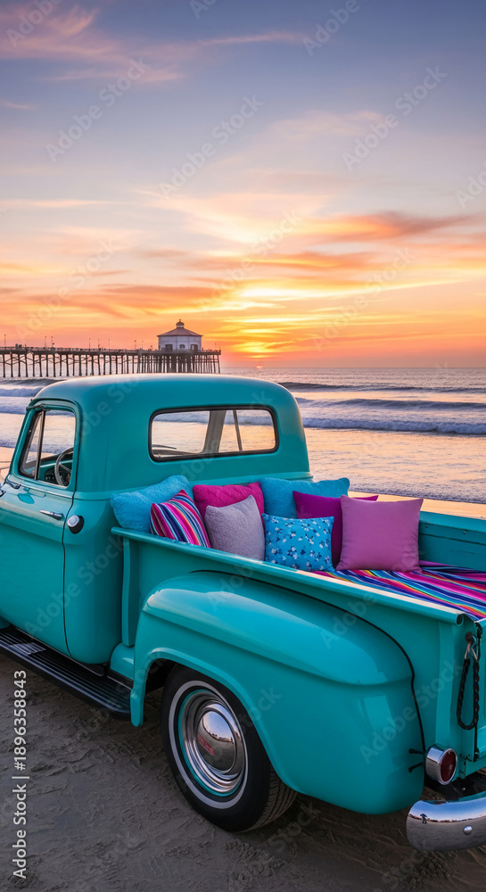 Fototapeta premium Teal truck bed filled with pillows, striped blanket on beach during sunset. Suggests relaxation, leisure and coastal lifestyle, ideal for travel ads.