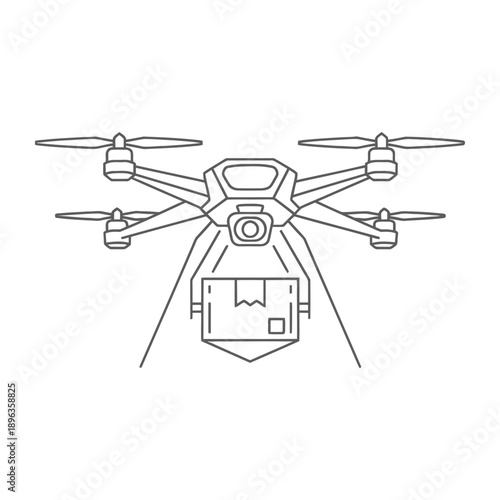 Drone with camera flying forward on white background illustrating aerial photography and videography technology