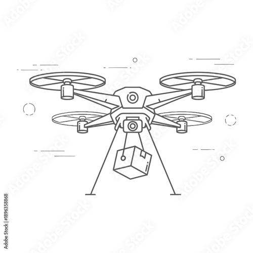 Drone with camera and payload in flight aerial view technology and surveillance concept