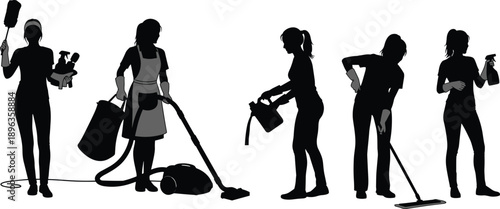 Cleaning service worker silhouettes performing household and professional janitorial tasks isolated on white background for maintenance, hygiene, and service industry design concepts
