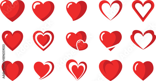 Set of red heart icons in various shapes and styles romantic love symbol vector illustrations isolated