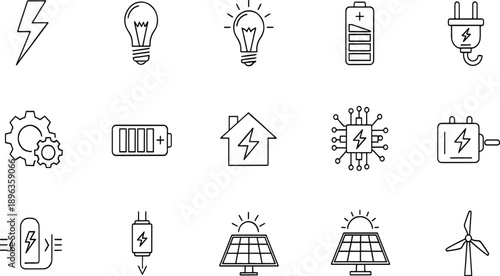 Print Minimalist Energy and Power Line Icon Set Featuring Renewable Solar Energy Battery Charging and Smart Grid Technology Symbols