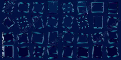 A collection of glowing blue rectangular and diamond shaped digital frames