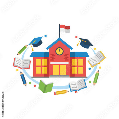 indonesian school building illustration with graduation caps books and pencils on transparent background